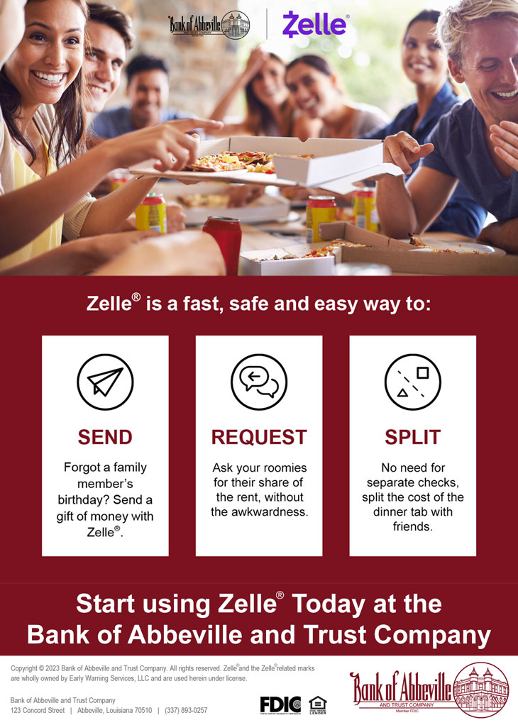 Soon you can send money whether you're at home or on the go with Zelle. Sign Up for Online Banking.